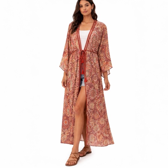 Miss Me Other - Miss Me Bohemain Print Longline Duster Wide Sleeve Lightweight Kimono